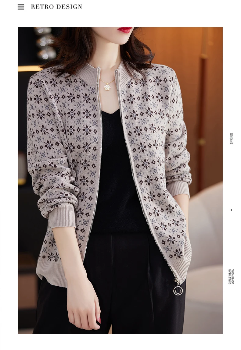 Women 100% Cotton Color Block Jacquard Sweater O-neck Cardigan Autumn Winter Top New Outerwear Knit Zipper Warm Jacket