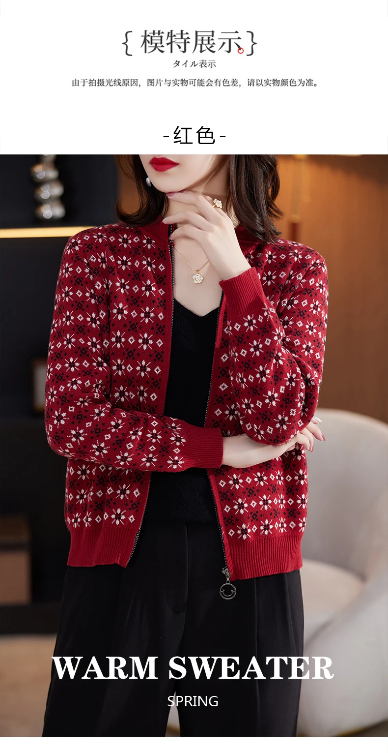 Women 100% Cotton Color Block Jacquard Sweater O-neck Cardigan Autumn Winter Top New Outerwear Knit Zipper Warm Jacket