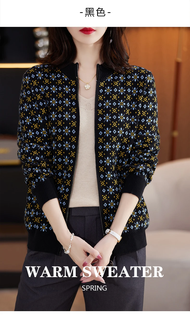 Women 100% Cotton Color Block Jacquard Sweater O-neck Cardigan Autumn Winter Top New Outerwear Knit Zipper Warm Jacket