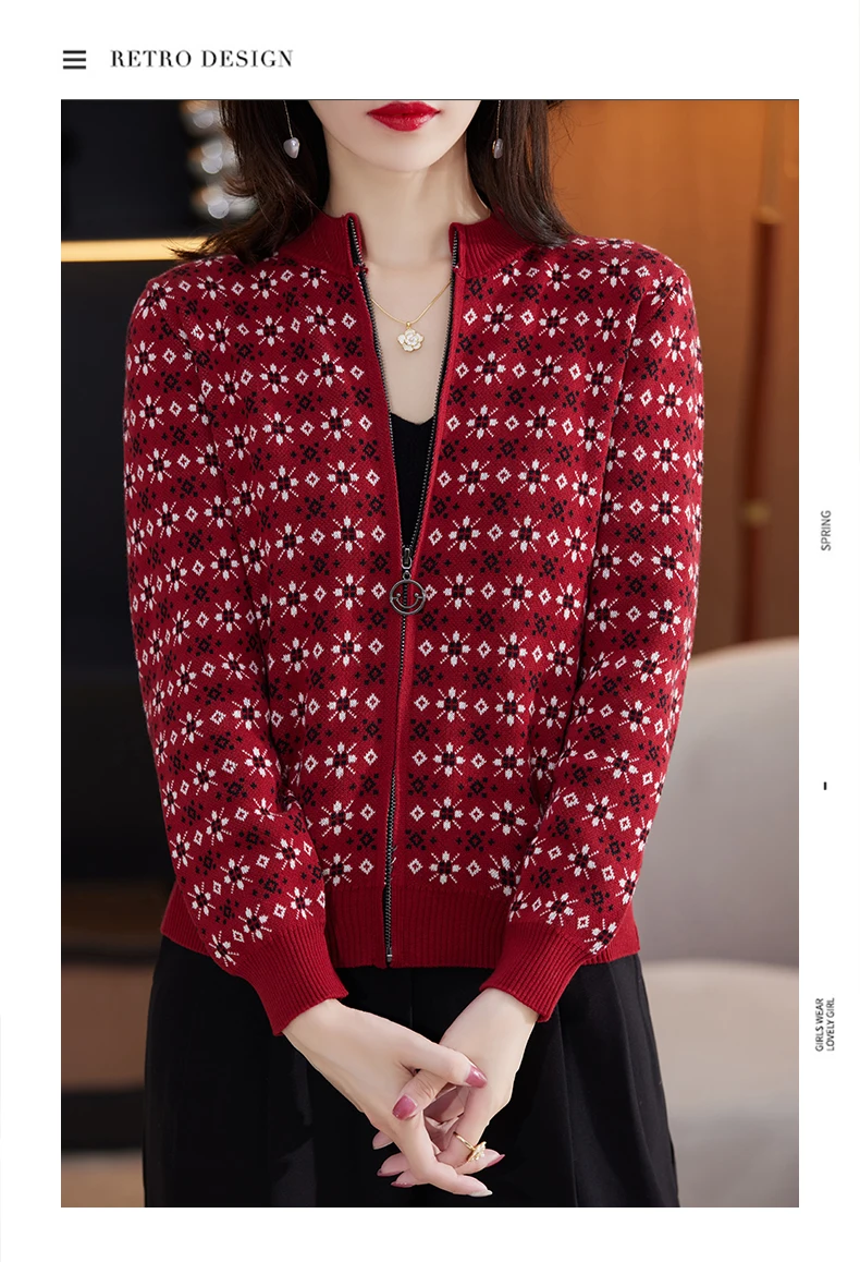 Women 100% Cotton Color Block Jacquard Sweater O-neck Cardigan Autumn Winter Top New Outerwear Knit Zipper Warm Jacket