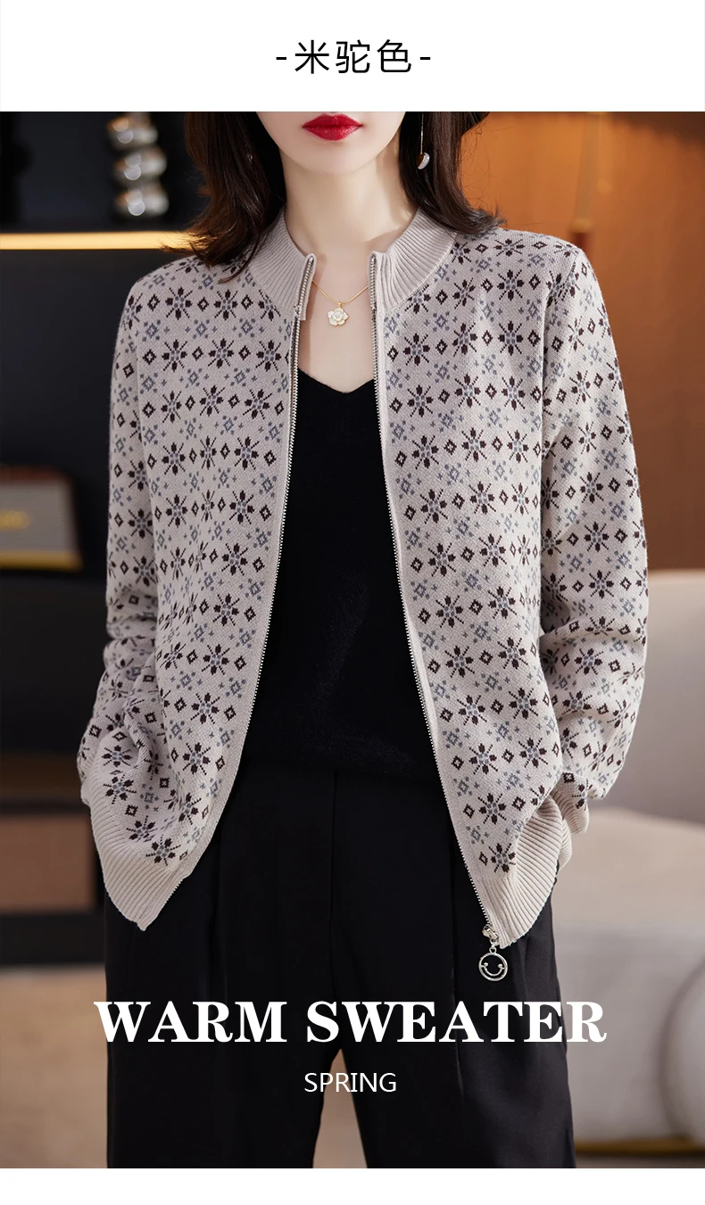 Women 100% Cotton Color Block Jacquard Sweater O-neck Cardigan Autumn Winter Top New Outerwear Knit Zipper Warm Jacket