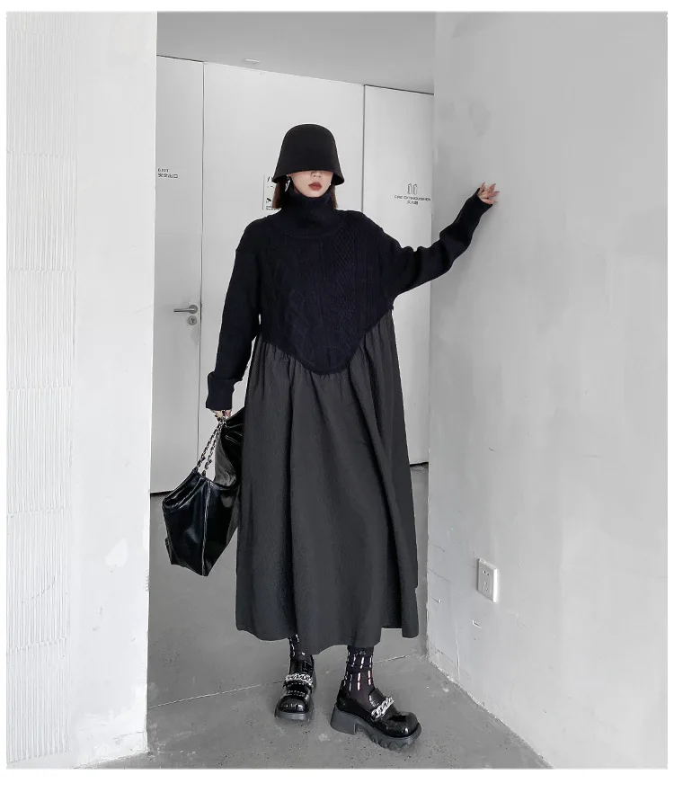 Amax luluE 2024 Winter Women Fashion Loose Knitted Turtleneck Casual Dresses Ladies Luxury Elegant Vintage Cotton Black Vestidos