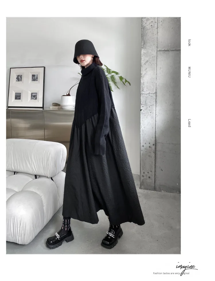 Amax luluE 2024 Winter Women Fashion Loose Knitted Turtleneck Casual Dresses Ladies Luxury Elegant Vintage Cotton Black Vestidos