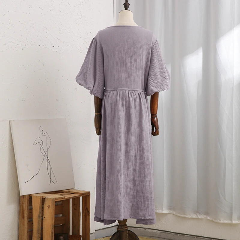 Causal 100% Cotton Women's Dress Vintage Crepe Gauze V-Neck Puff Sleeve Bandage Lace Up Elegant White Dresses Long Maxi Robe