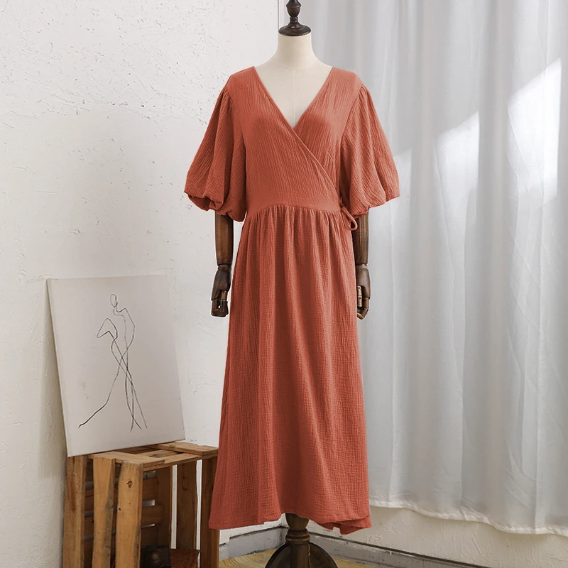 Causal 100% Cotton Women's Dress Vintage Crepe Gauze V-Neck Puff Sleeve Bandage Lace Up Elegant White Dresses Long Maxi Robe