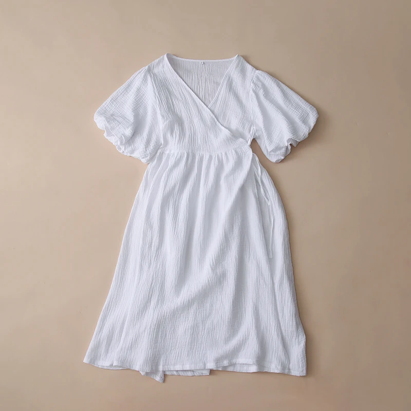 Causal 100% Cotton Women's Dress Vintage Crepe Gauze V-Neck Puff Sleeve Bandage Lace Up Elegant White Dresses Long Maxi Robe