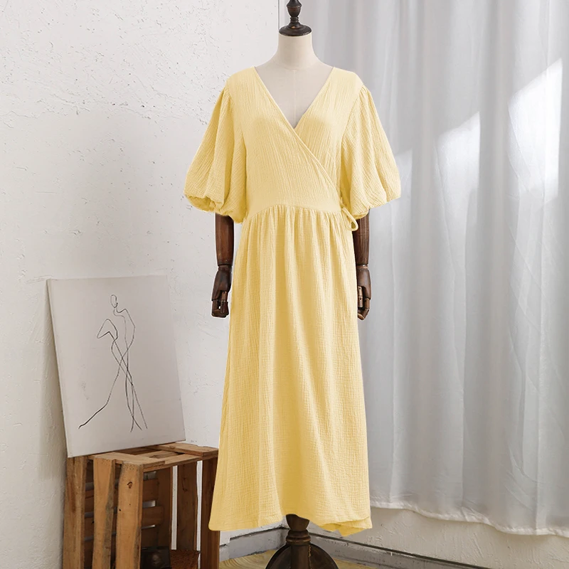 Causal 100% Cotton Women's Dress Vintage Crepe Gauze V-Neck Puff Sleeve Bandage Lace Up Elegant White Dresses Long Maxi Robe