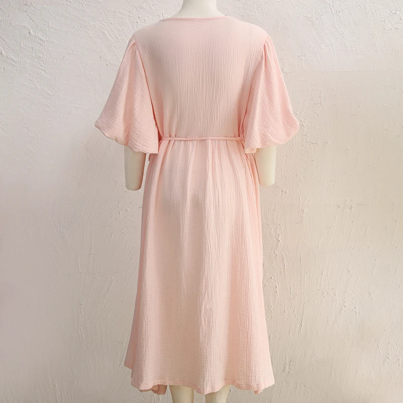 Causal 100% Cotton Women's Dress Vintage Crepe Gauze V-Neck Puff Sleeve Bandage Lace Up Elegant White Dresses Long Maxi Robe
