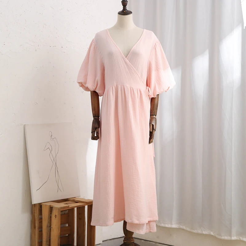 Causal 100% Cotton Women's Dress Vintage Crepe Gauze V-Neck Puff Sleeve Bandage Lace Up Elegant White Dresses Long Maxi Robe