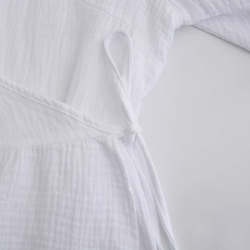 Causal 100% Cotton Women's Dress Vintage Crepe Gauze V-Neck Puff Sleeve Bandage Lace Up Elegant White Dresses Long Maxi Robe