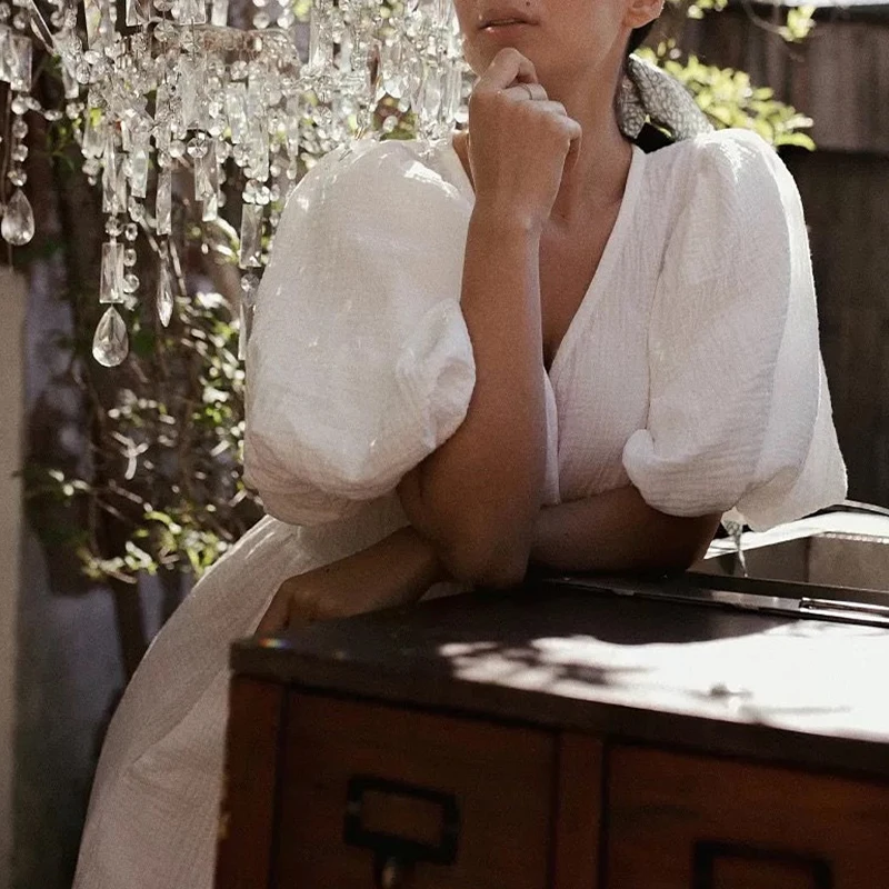 Causal 100% Cotton Women's Dress Vintage Crepe Gauze V-Neck Puff Sleeve Bandage Lace Up Elegant White Dresses Long Maxi Robe