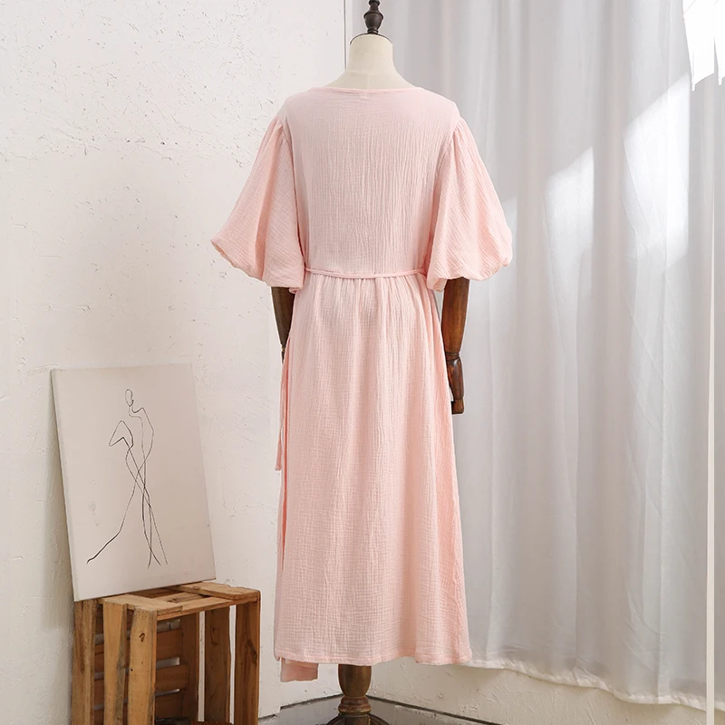 Causal 100% Cotton Women's Dress Vintage Crepe Gauze V-Neck Puff Sleeve Bandage Lace Up Elegant White Dresses Long Maxi Robe