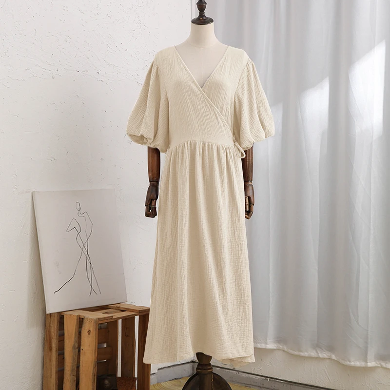 Causal 100% Cotton Women's Dress Vintage Crepe Gauze V-Neck Puff Sleeve Bandage Lace Up Elegant White Dresses Long Maxi Robe