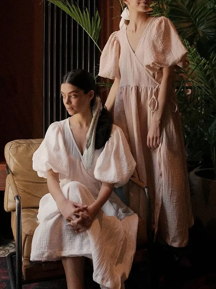 Causal 100% Cotton Women's Dress Vintage Crepe Gauze V-Neck Puff Sleeve Bandage Lace Up Elegant White Dresses Long Maxi Robe