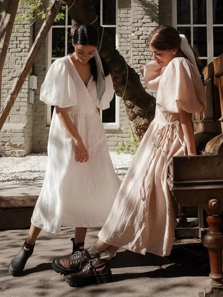 Causal 100% Cotton Women's Dress Vintage Crepe Gauze V-Neck Puff Sleeve Bandage Lace Up Elegant White Dresses Long Maxi Robe
