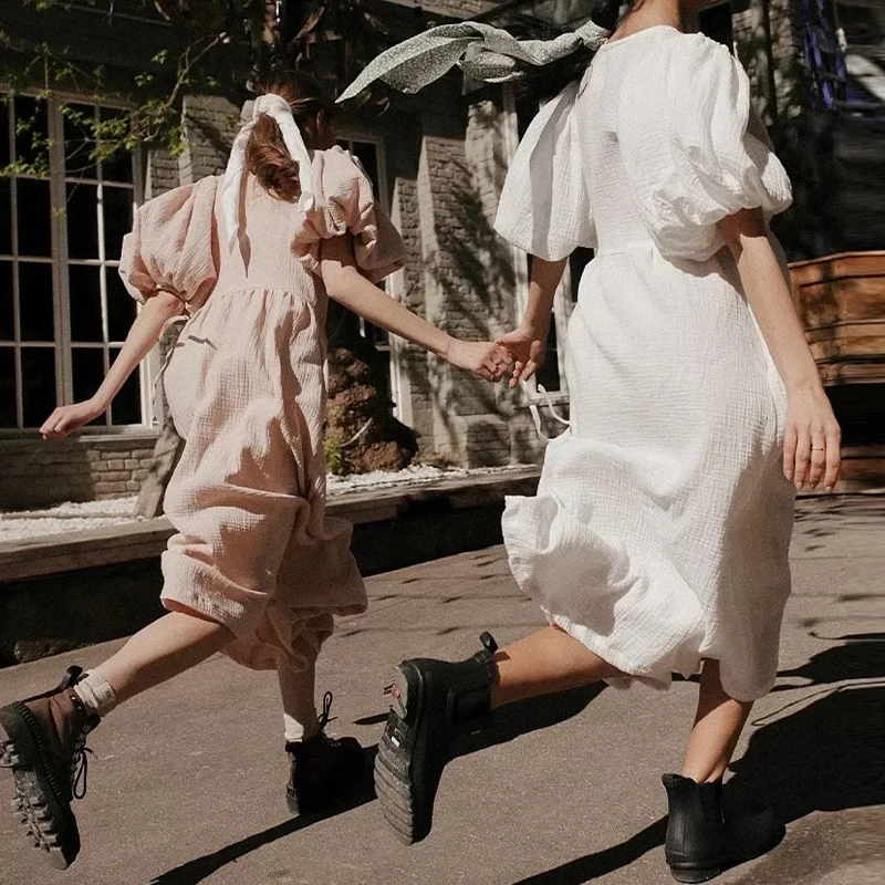 Causal 100% Cotton Women's Dress Vintage Crepe Gauze V-Neck Puff Sleeve Bandage Lace Up Elegant White Dresses Long Maxi Robe