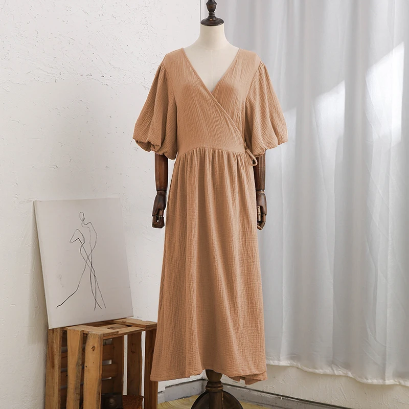 Causal 100% Cotton Women's Dress Vintage Crepe Gauze V-Neck Puff Sleeve Bandage Lace Up Elegant White Dresses Long Maxi Robe