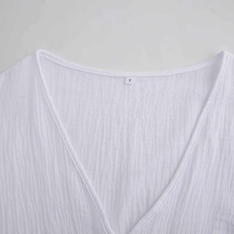 Causal 100% Cotton Women's Dress Vintage Crepe Gauze V-Neck Puff Sleeve Bandage Lace Up Elegant White Dresses Long Maxi Robe