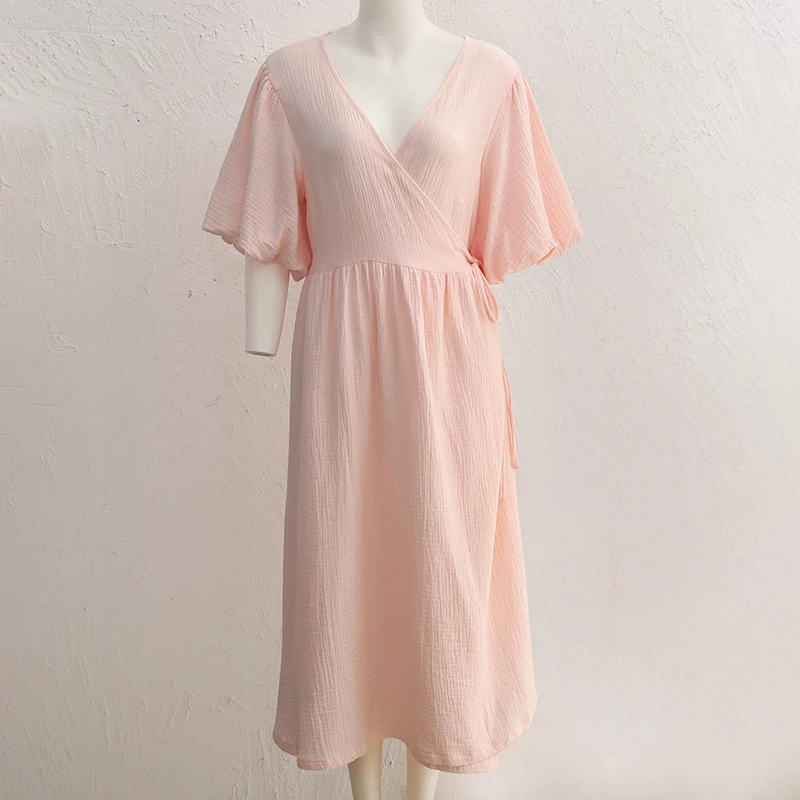 Causal 100% Cotton Women's Dress Vintage Crepe Gauze V-Neck Puff Sleeve Bandage Lace Up Elegant White Dresses Long Maxi Robe