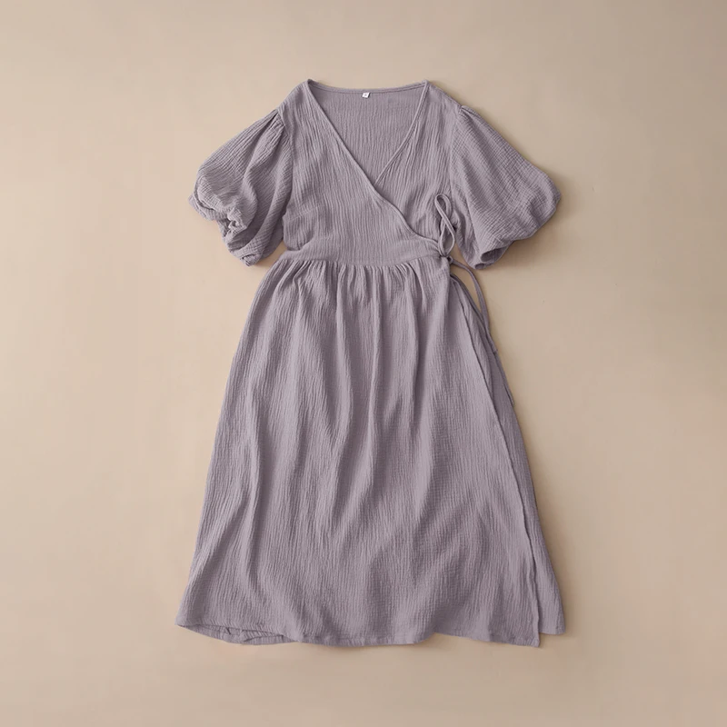 Causal 100% Cotton Women's Dress Vintage Crepe Gauze V-Neck Puff Sleeve Bandage Lace Up Elegant White Dresses Long Maxi Robe