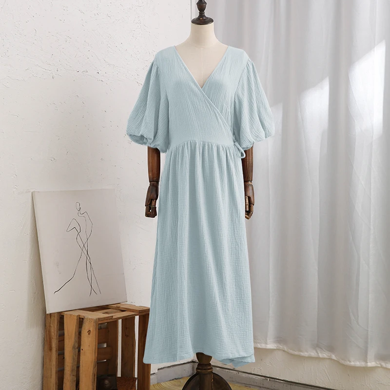 Causal 100% Cotton Women's Dress Vintage Crepe Gauze V-Neck Puff Sleeve Bandage Lace Up Elegant White Dresses Long Maxi Robe