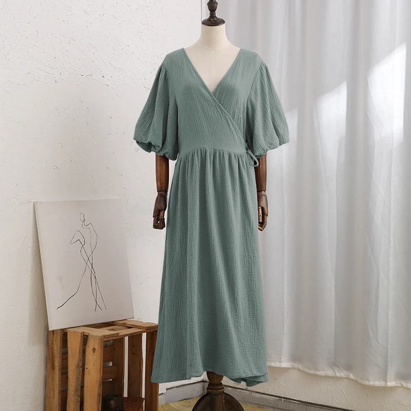 Causal 100% Cotton Women's Dress Vintage Crepe Gauze V-Neck Puff Sleeve Bandage Lace Up Elegant White Dresses Long Maxi Robe