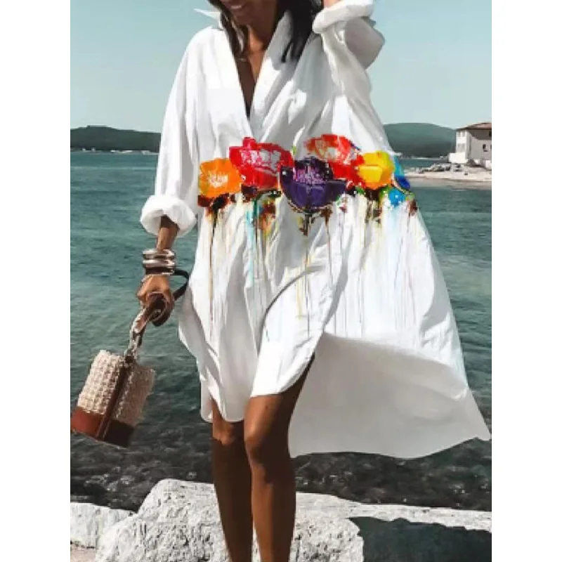 Spring Summer Women Loose Shirt Dress Casual Long Sleeve Printed V Neck Beach Shirt Dresses