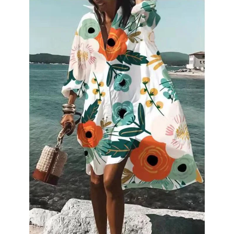 Spring Summer Women Loose Shirt Dress Casual Long Sleeve Printed V Neck Beach Shirt Dresses