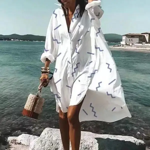 Spring Summer Women Loose Shirt Dress Casual Long Sleeve Printed V Neck Beach Shirt Dresses