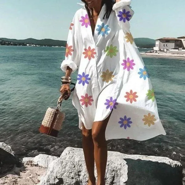 Spring Summer Women Loose Shirt Dress Casual Long Sleeve Printed V Neck Beach Shirt Dresses