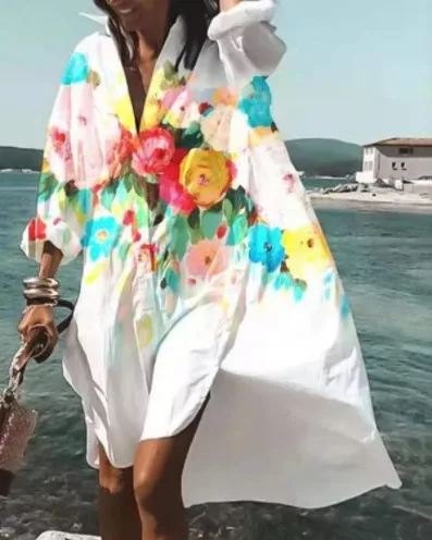 Spring Summer Women Loose Shirt Dress Casual Long Sleeve Printed V Neck Beach Shirt Dresses