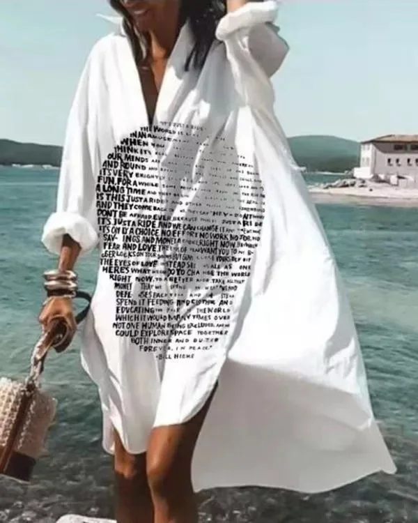 Spring Summer Women Loose Shirt Dress Casual Long Sleeve Printed V Neck Beach Shirt Dresses