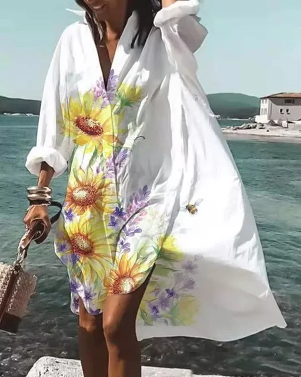 Spring Summer Women Loose Shirt Dress Casual Long Sleeve Printed V Neck Beach Shirt Dresses