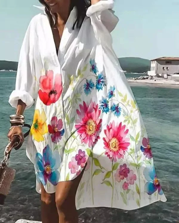 Spring Summer Women Loose Shirt Dress Casual Long Sleeve Printed V Neck Beach Shirt Dresses