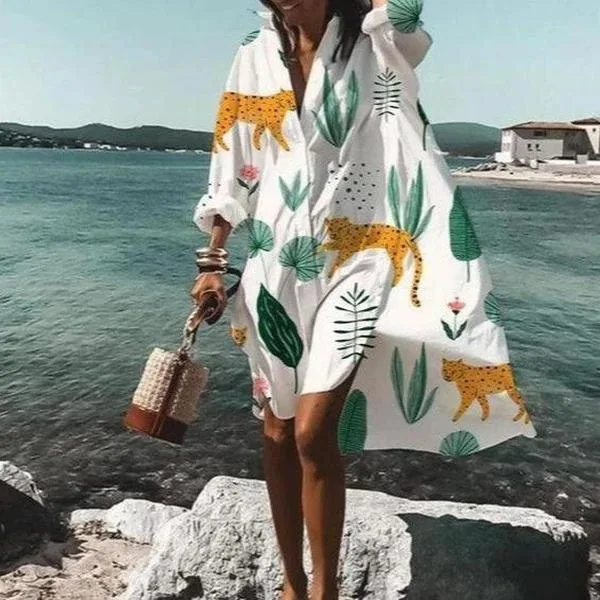 Spring Summer Women Loose Shirt Dress Casual Long Sleeve Printed V Neck Beach Shirt Dresses