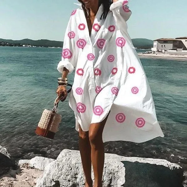 Spring Summer Women Loose Shirt Dress Casual Long Sleeve Printed V Neck Beach Shirt Dresses