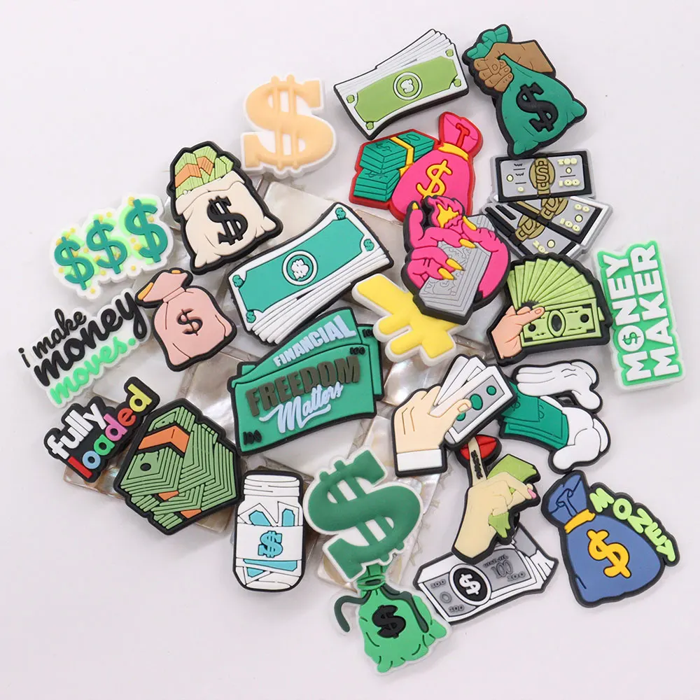 Good Quality 1-25pcs PVC Shoe Charms Money Banknote USD Symbol Purse Accessories DIY Shoes Ornaments Fit Wristbands Kids Gift