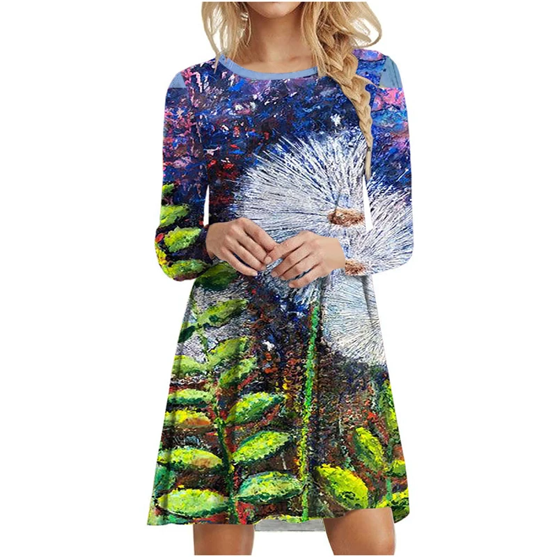 Tie Dye Gradient Print Dress Women Plant Flowers Long Sleeve Loose Dress Autumn Winter Casual Oversized Clothing Female Vestidos
