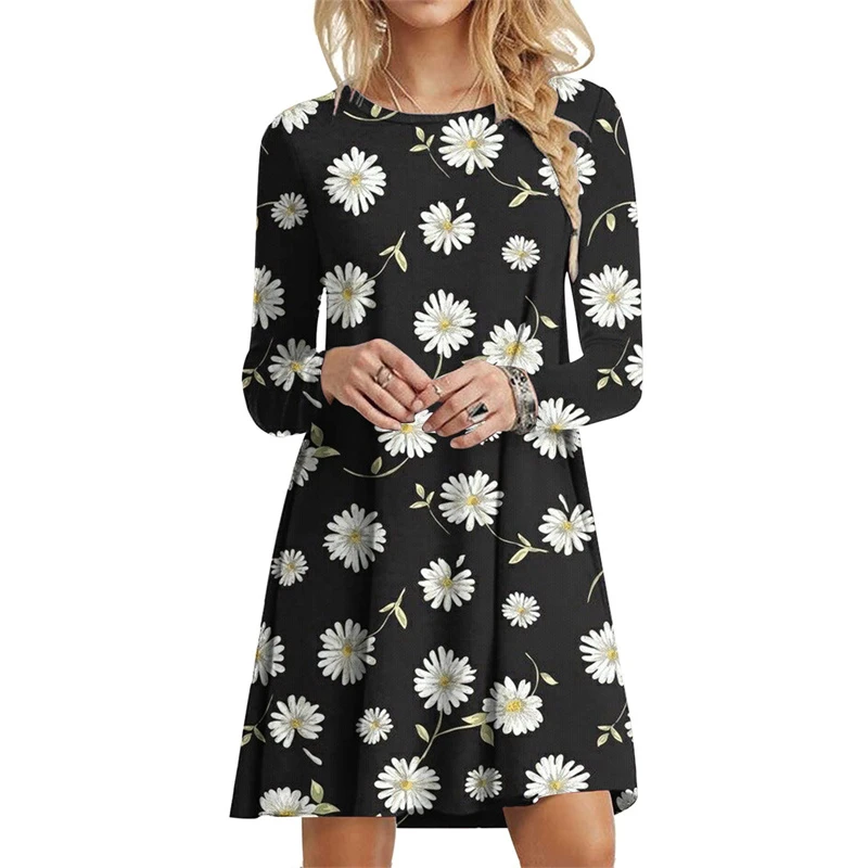 Tie Dye Gradient Print Dress Women Plant Flowers Long Sleeve Loose Dress Autumn Winter Casual Oversized Clothing Female Vestidos