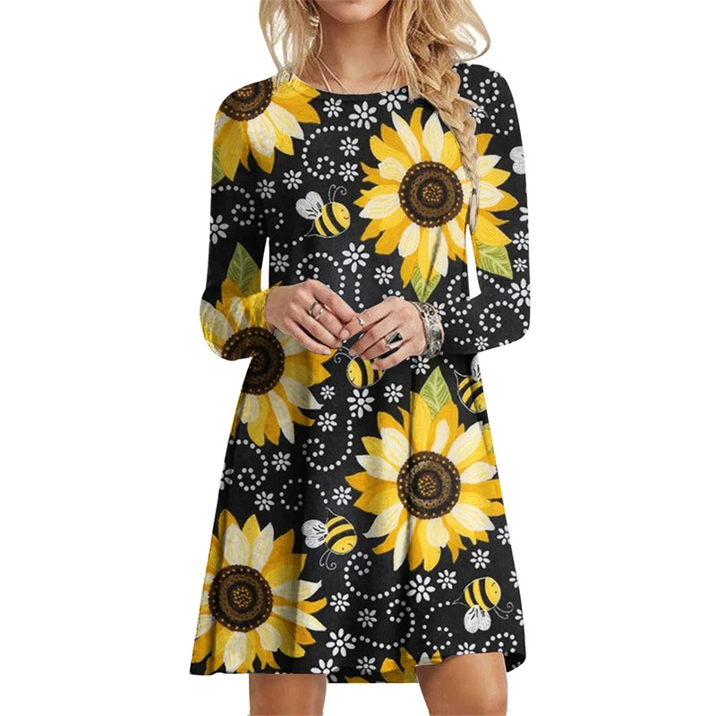 Tie Dye Gradient Print Dress Women Plant Flowers Long Sleeve Loose Dress Autumn Winter Casual Oversized Clothing Female Vestidos
