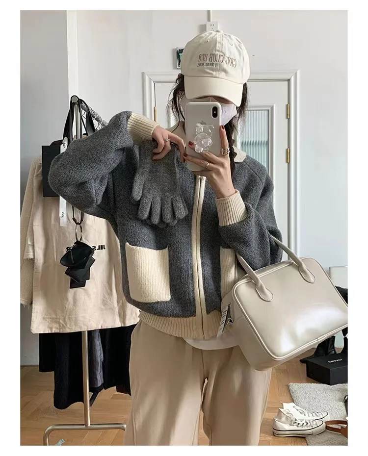 Fashion versatile lapel zipper short cashmere cardigan women's fall/winter patchwork sweater sweater loose wool coat