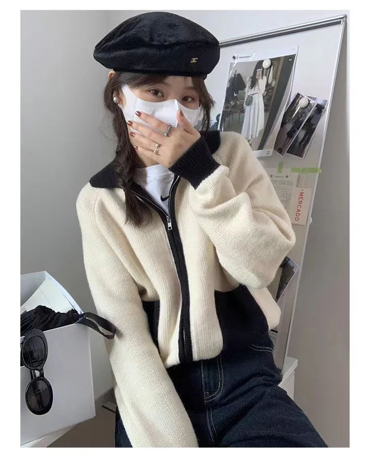 Fashion versatile lapel zipper short cashmere cardigan women's fall/winter patchwork sweater sweater loose wool coat