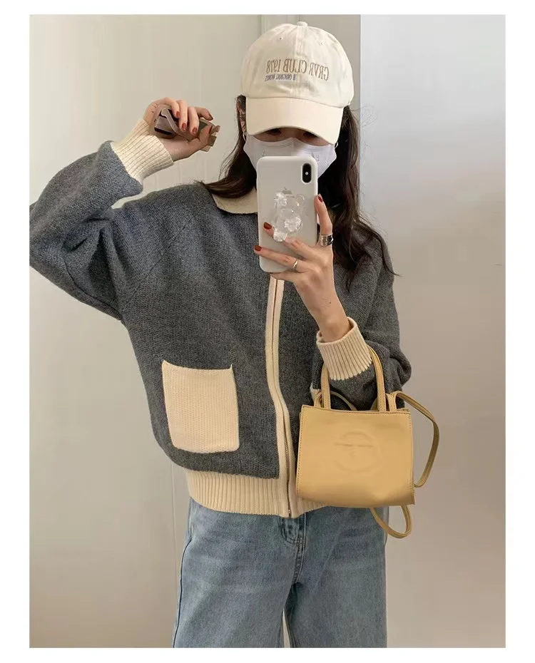 Fashion versatile lapel zipper short cashmere cardigan women's fall/winter patchwork sweater sweater loose wool coat