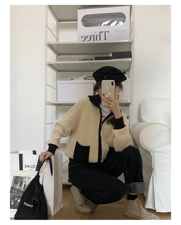 Fashion versatile lapel zipper short cashmere cardigan women's fall/winter patchwork sweater sweater loose wool coat