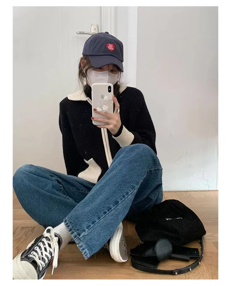 Fashion versatile lapel zipper short cashmere cardigan women's fall/winter patchwork sweater sweater loose wool coat