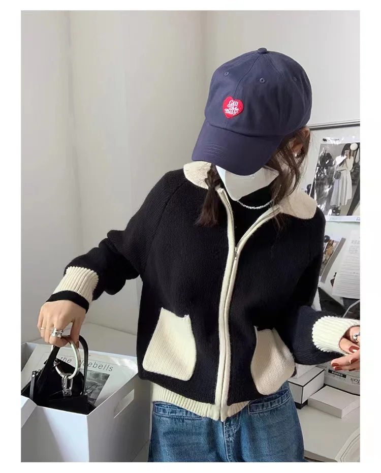 Fashion versatile lapel zipper short cashmere cardigan women's fall/winter patchwork sweater sweater loose wool coat