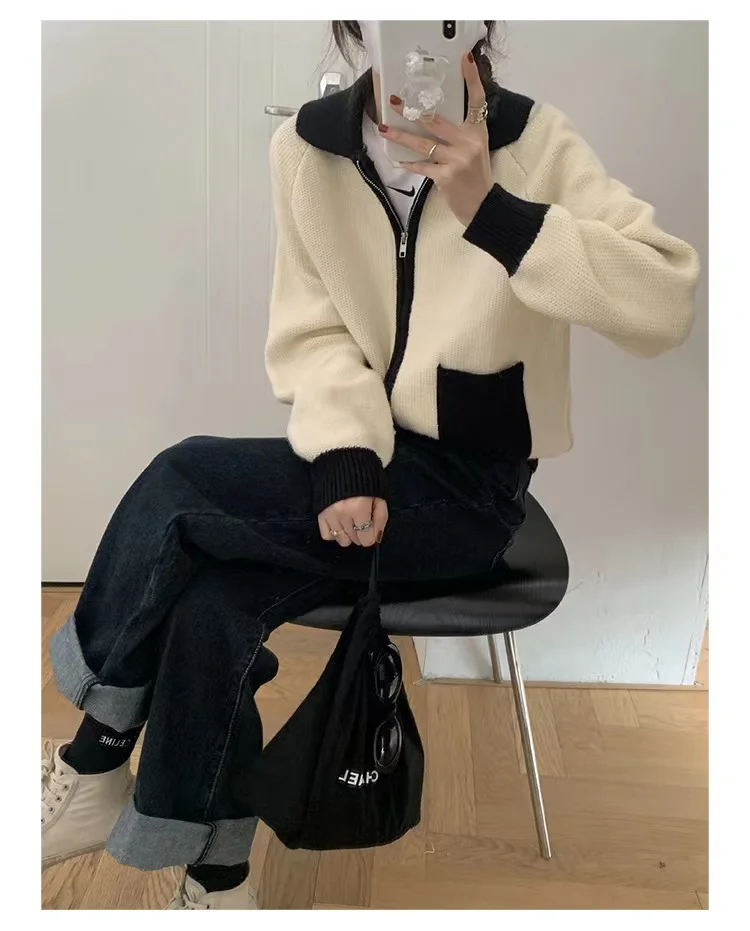 Fashion versatile lapel zipper short cashmere cardigan women's fall/winter patchwork sweater sweater loose wool coat