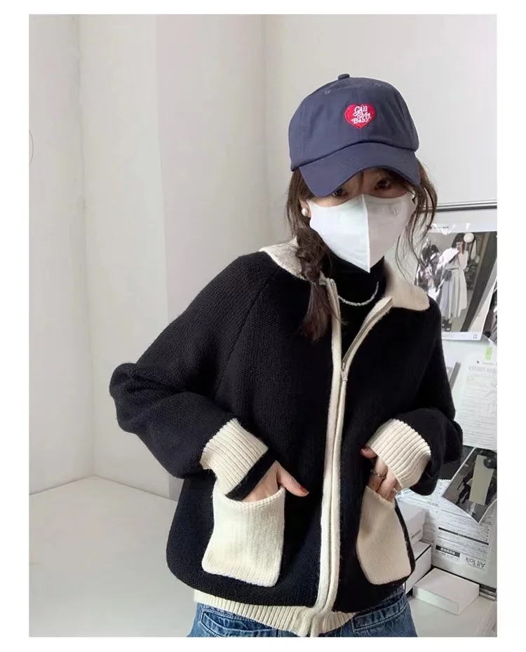 Fashion versatile lapel zipper short cashmere cardigan women's fall/winter patchwork sweater sweater loose wool coat