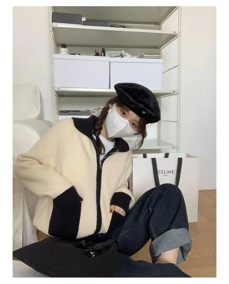 Fashion versatile lapel zipper short cashmere cardigan women's fall/winter patchwork sweater sweater loose wool coat