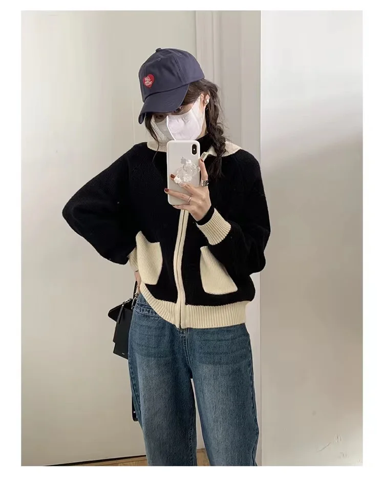 Fashion versatile lapel zipper short cashmere cardigan women's fall/winter patchwork sweater sweater loose wool coat